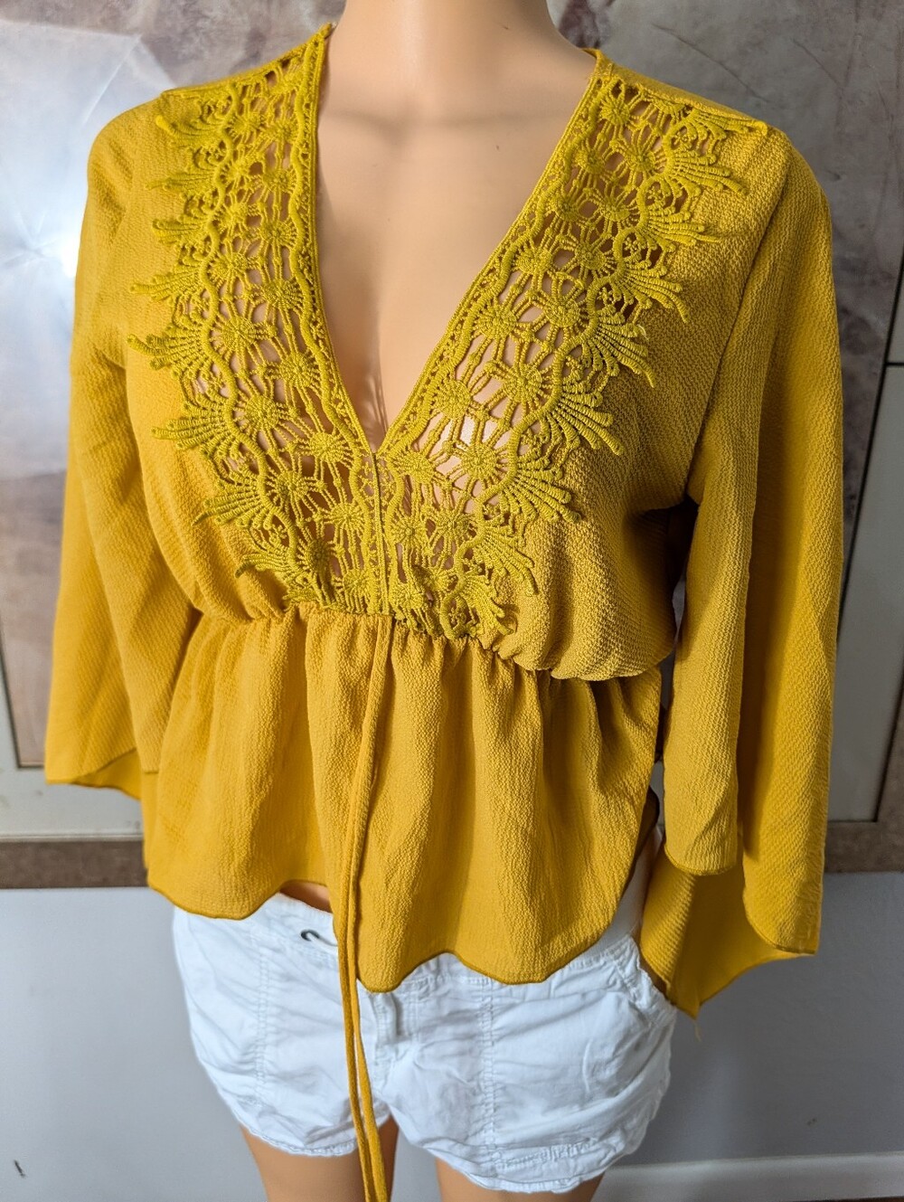 Papaya Mustard Yellow V-Neck Lace-Trim Peasant Tunic Size S